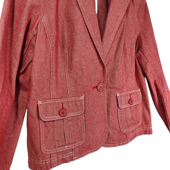 Liz Claiborne Red & White Cotton Denim Blazer Jacket - Size Large - Picture 7 of 15